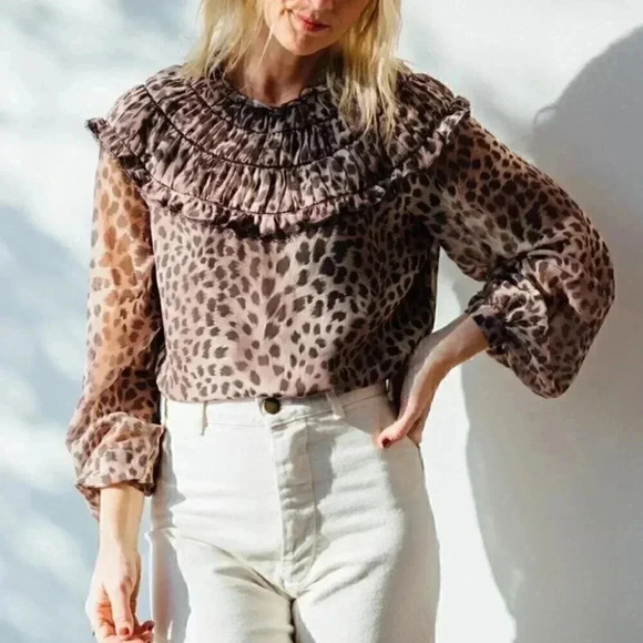 NEW Jonathan Simkhai Felicity Chiffon Blouse Camel Leopard Y2K 90s Animal Print - Picture 9 of 9